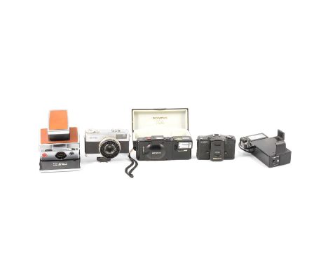 Four vintage cameras, including Polaroid SX-70 land camera with Plusblitz flash; Olympus XA 35mm camera with case; Lomo LC-A 