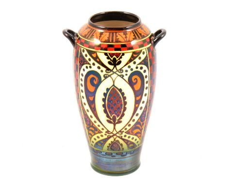 William S Mycock for Pilkington's Royal Lancastrian - a lustre twin-handled vase, 1915, painted with Persian inspired panels,