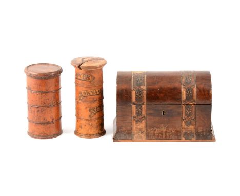 Victorian boxwood four-section spice jar, 19cm, lid damaged, with labels; and another four-section unlabelled spice jar. and 