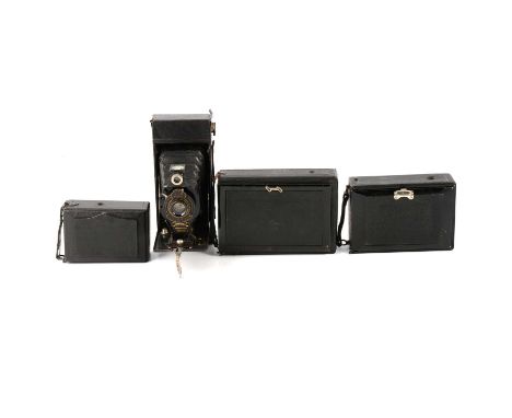 Seven early 20th century folding box cameras, including Cameo Luko II; Ernemann; Kodak folding Brownie camera no.2a and other