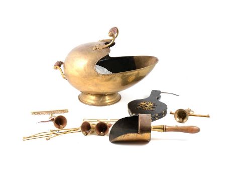 Brass fan fireguard, coal scuttles, and other metalware.