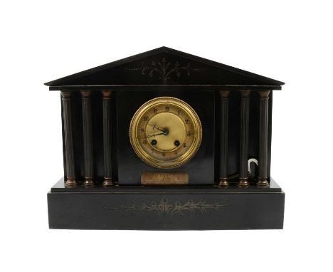 Victorian slate mantel clock, triangular pediment over fluted columns, French cylinder movement, striking on a gong, height 3