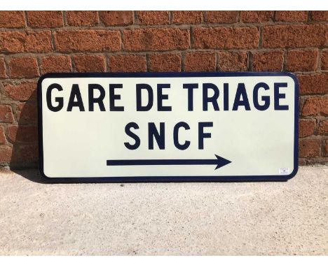 Large original french railway station enamel sign 'Gare de Triage SNCF' cream ground with blue edge and text, flanged edge, 4