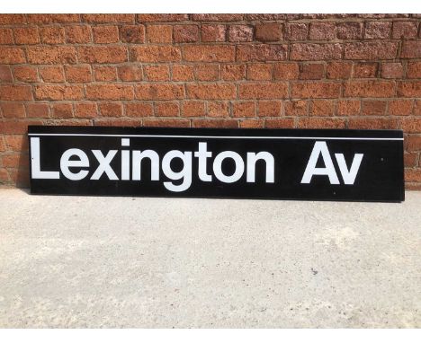Large original American railway station enamel sign 'Lexington Av' avenue, New York, dark brown ground, white text, flanged e