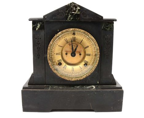 Victorian slate mantel clock, architectural case, circular dial, with visible escapement, Ansonia movement, 30cm.