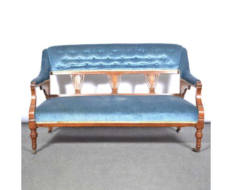 Edwardian mahogany three-piece salon suite, sky-blue buttoned dralon upholstery, comprising and sofa, with shaped arms, turne