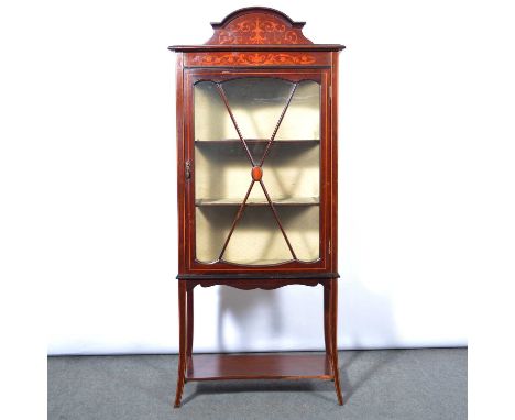 Edwardian mahogany and marquetry display cabinet, shaped pediment, glazed door and sides enclosing two shelves, splayed legs 