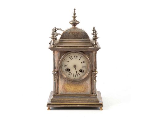 French silver-plated mantel clock, alabaster dial with Roman numerals, cylinder movement, by Japy Freres, marked G.V, strikin