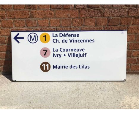 Original French railway station enamel directions sign 'M 1 7 11' La Defense Ch. de Vincennes, La Courneuve Ivry Villejuif, M
