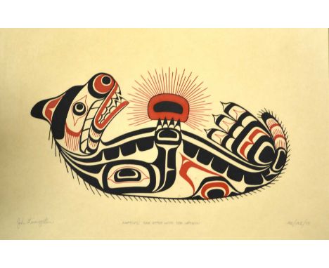 John Livingston, Kwakiutl, sea otter with sea urchin, silkscreen print, signed, titled and numbered 42/132/73, 30x45cm.