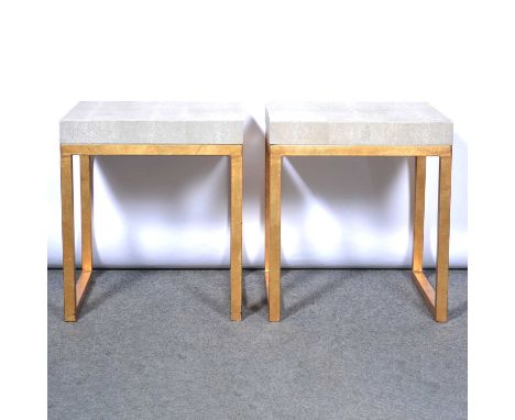 Metal console table with glass top, two pairs of contemporary lamp tables, including two with shagreen-effect square tops rai