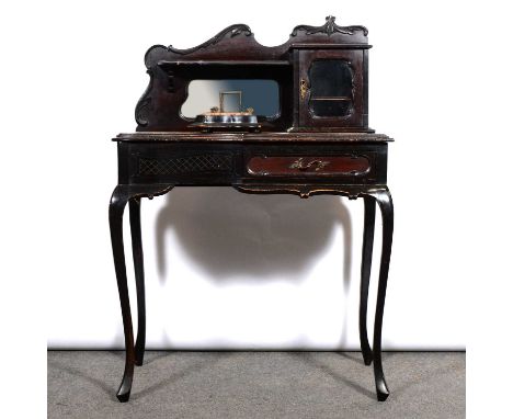 Late Victorian mahogany ladies writing desk, raised superstructure with a shelf and a glazed cupboard, bevelled mirror, serpe