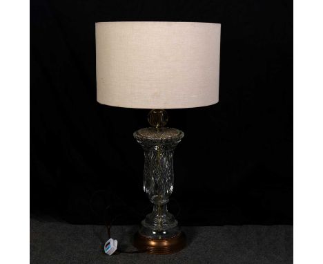 Cut glass vase-shape table lamp, with shade, 72cm overall.