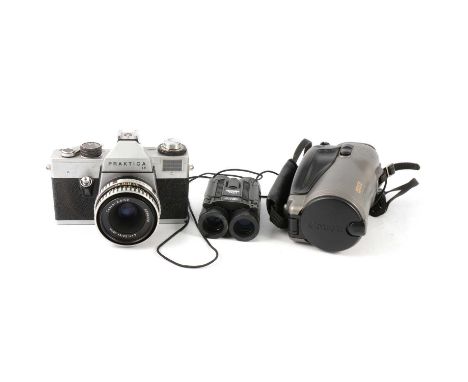 Microscope; together with Praktica, 35mm camera; two pairs of binoculars; and other photographic equipment.