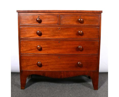 Victorian mahogany chest of drawers, fitted with two short and three long drawers, shaped apron, bracket feet, width 102cm, d