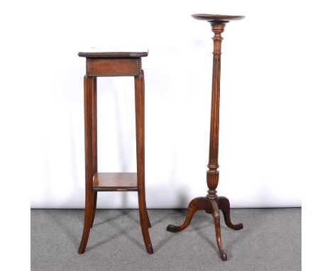 Oak plant stand, circular top diameter 24cm, turned and fluted coolumn, tripod legs, height 106cm, and another plat stand, sq