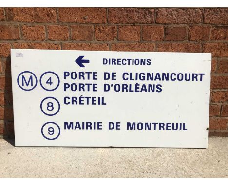 Original French railway station enamel directions sign 'M4 Porte de Clignancourt Porte D'Orleans', white ground, blue text, 5