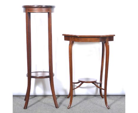 Edwardian inlaid mahogany octagonal window table, cabriole legs joined by a shelf, 50x50cm, height 70cm, and an Edwardian pla