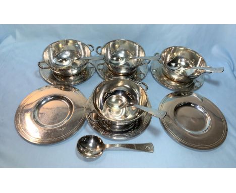 A modern white metal set of 4 soup bowls with spoons and saucers, stamped 'Bogota Sterling 0925', with 2 extra saucers and 1 