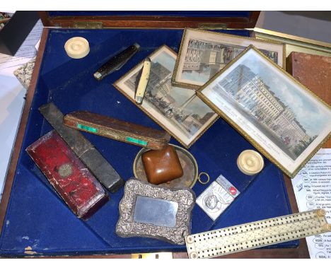 A 19th century cribbage board; a cigar case with malachite mounts; other collectables in a mahogany box with brass armorial 