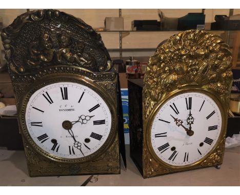 Two wall hanging Comptoise clocks with white enamel dials, Bonhomme &amp; Capdeville, one with gridiron pendulum no weights) 