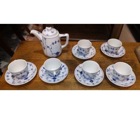 A Royal Copenhagen fluted coffee set in the blue &amp; white onion pattern, comprising 6 cups, 6 saucers, coffee pot