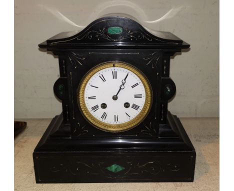 A 19th century clock in black marble architectural case, with inset malachite decoration,  gilt metal mounts and French strik