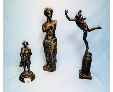 A bronze sculpture of Hermes on plinth, height 22 cm; a bronze of Nelson; and another 