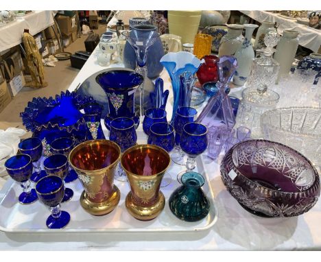 A cut glass amethyst overlaid fruit bowl; a selection of Bohemian cut glass 