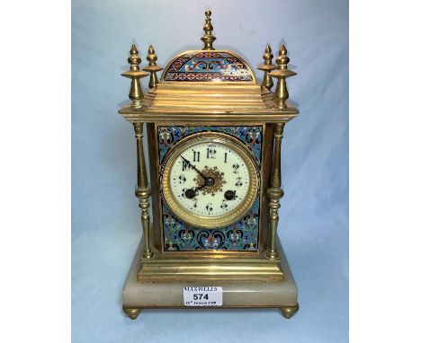 A 19th century champlevé mantel clock, with French movement striking on bell, on marble plinth 