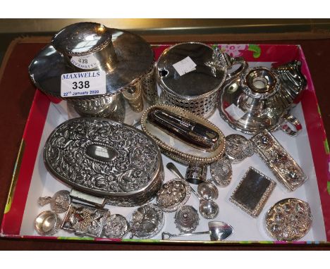 A 19th century Sheffield Plate oval tea caddy and taper stick; a Georgian style large mustard; miniature silver plated items;