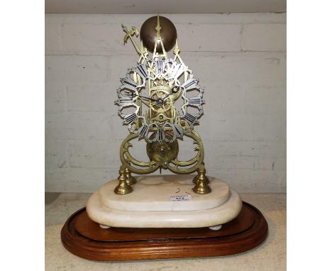 A 19th century single train fusee skeleton clock, 8 day movement wit strike, marble base, 39 cm overall 