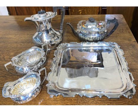 A Georgian style EPNS 4 piece tea service, engraved decoration, dated 1903; an EPNS square salver, dated 1920 