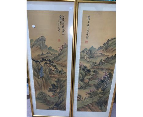 A Chinese pair of scroll paintings on silk, 90 x 30 cm, gilt framed 
