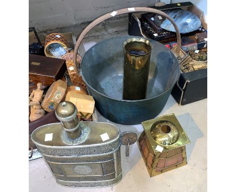 A middle eastern large brass flask; a similar tray; a trench art shell; brass jam pan; etc. 