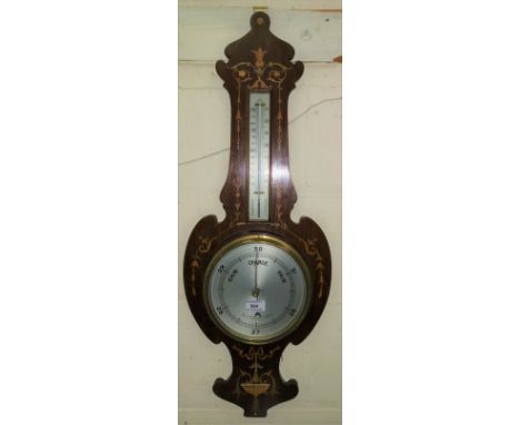 An Edwardian aneroid barometer with thermometer in inlaid mahogany case 