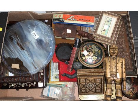 A selection of collectables:  boxes; a carved figure of a miner; cigarette cards; playing cards, framed prints; a 19th centur