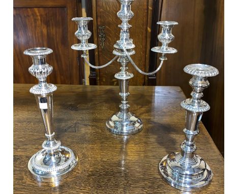 An EPNS 2 branch candelabrum, 40 cm; a matching candlestick; another similar 
