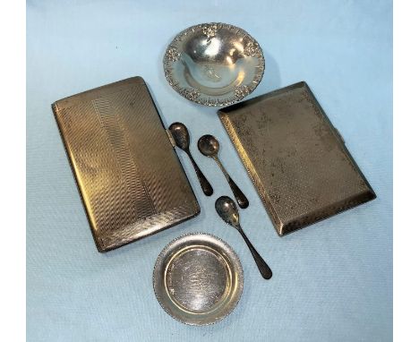 Two Art Deco silver cigarette cases, 12 ozt; 2 continental trays; 3 salt spoons 