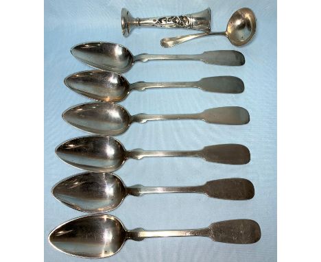 A 19th century continental set of 6 fiddle pattern soup spoons, 800 standard silver, stamped 'E Kniese', 12.3 oz; an English 