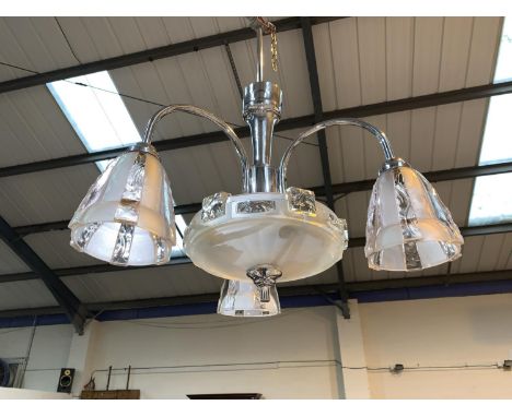 An Art Deco chrome centre light fitting with 3 branches, ribbed glass shade 