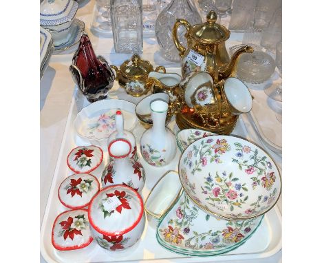 Five pieces of Minton Haddon Hall china; 6 pieces of Hammersley Christmas china; a 19th century continental gold lustre cabin