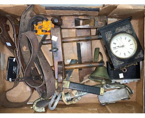 A small Victorian mantel clock in ebonised case; vintage army and other belts; a 19th century plough plane; other vintage too