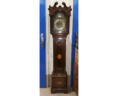 An Edwardian mahogany dwarf longcase clock, in the Georgian style with Sheraton inlaid decoration, swan neck pediment and tur