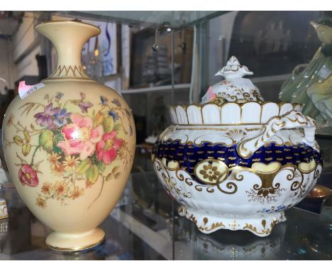 A Royal Worcester baluster vase, peach blush with polychrome flowers, height 18 cm; a 19th century covered bowl, gilt, white 