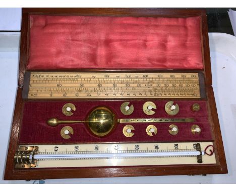 A Sykes Hydrometer by Farrow and Jackson, London, with 23 cm thermometer, boxwood slide rule, mahogany case 