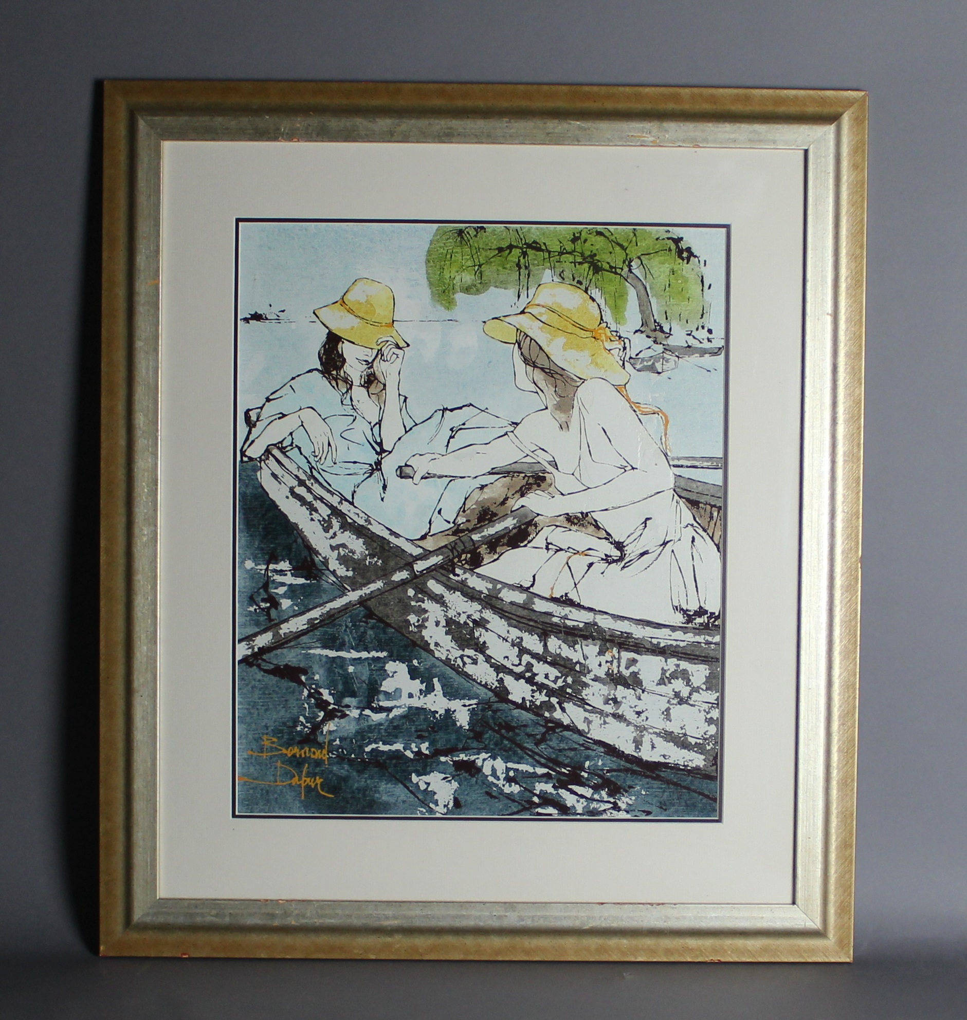 Bernard Dufour (19222016) Oil painting on board Two girls in a boat, 44cm x 36cm, signed, in