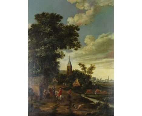 18th Century Dutch School - Oil painting on oak panel - Humorous country river landscape, with defecating dog to foreground, 