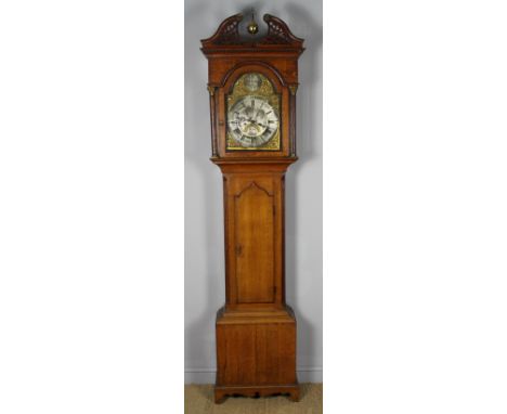 18th Century light oak longcase clock by Joshua Harrocks, Eamont Bridge, with 31cm silvered chapter ring, gilt brass spandrel