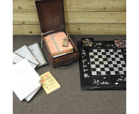 A lacquered backgammon set, 63cm, together with a bridge set, cased